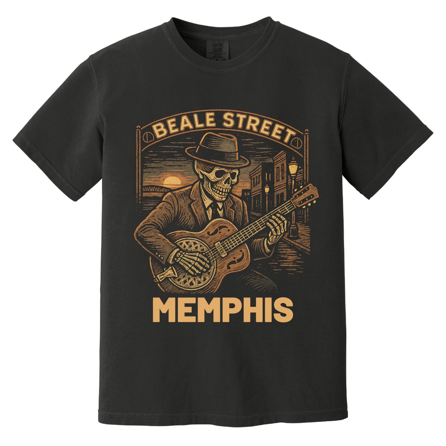 Beale Street Skeleton Bluesman Shirt | Comfort Colors 1717 Black