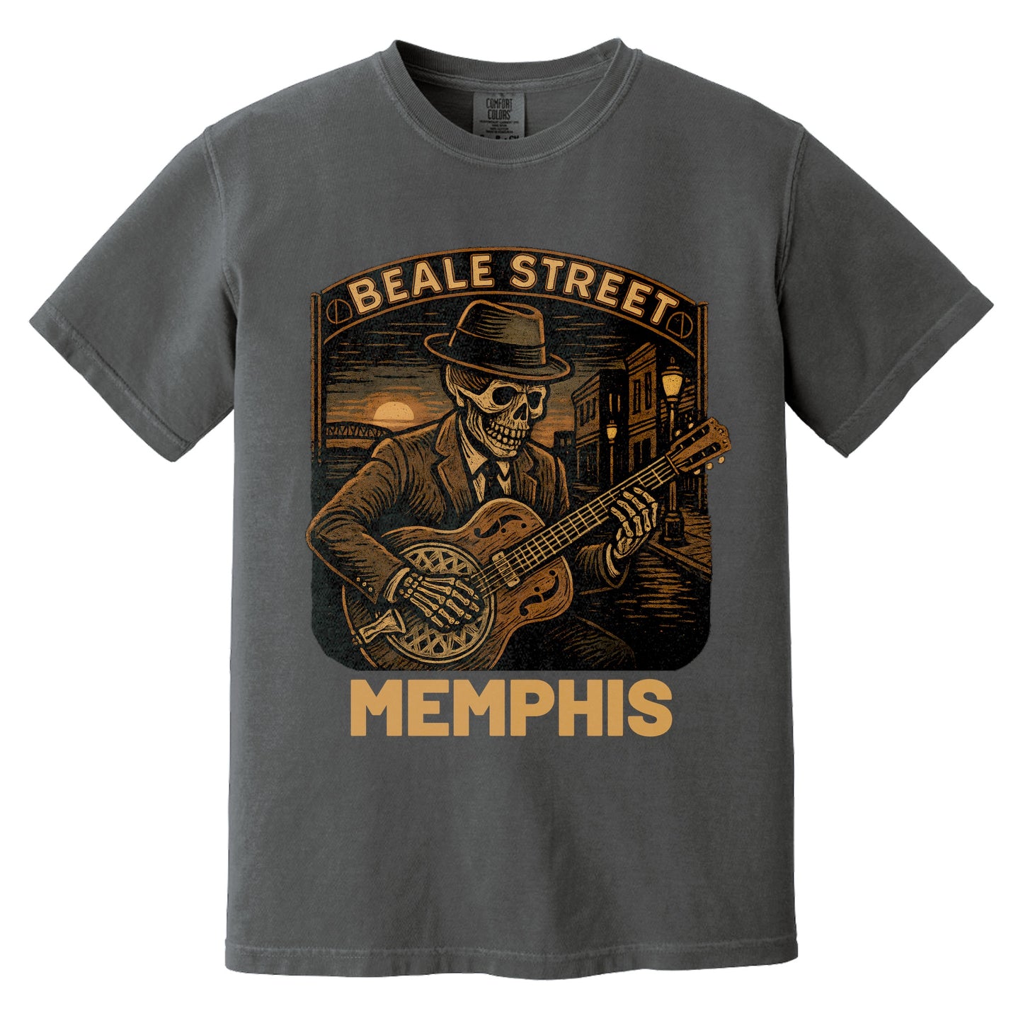 Beale Street Skeleton Bluesman Shirt | Comfort Colors 1717 Pepper.