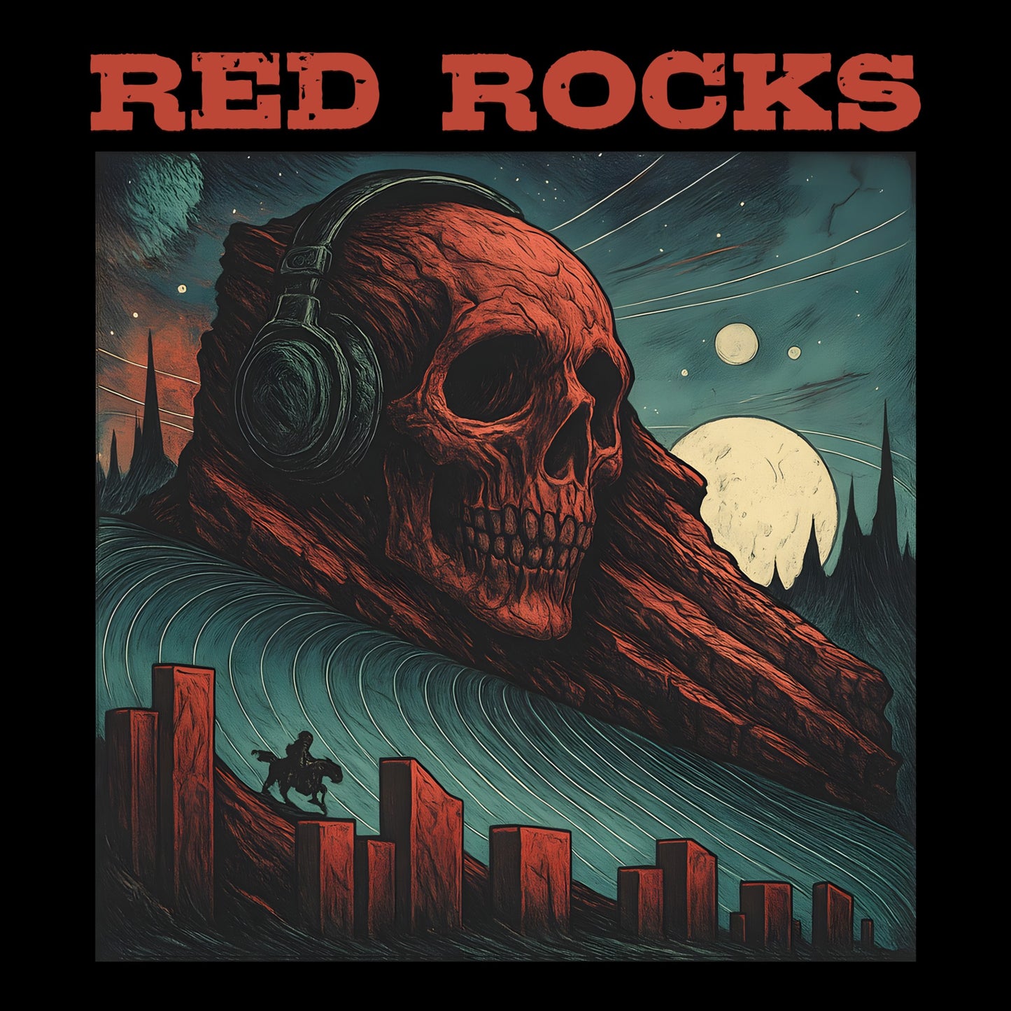Red Rocks Skull T-Shirt Design Closeup