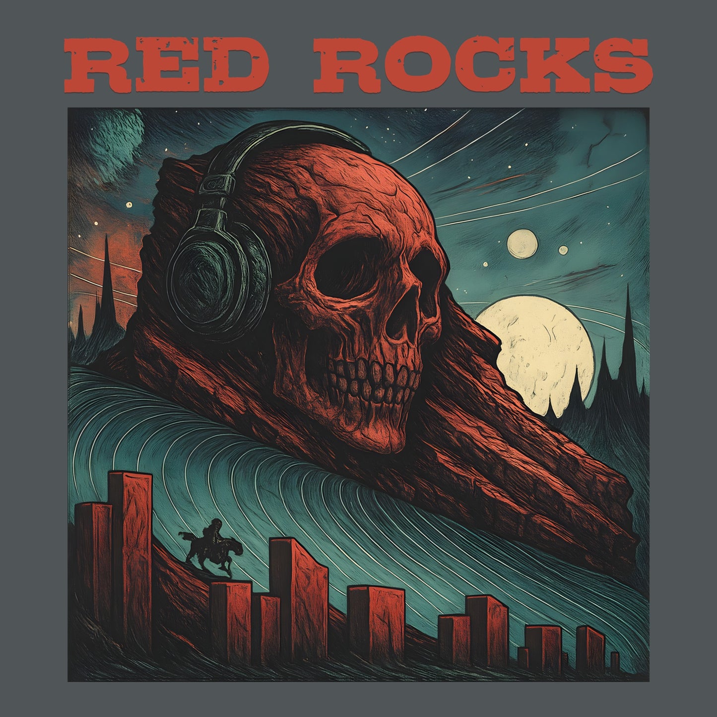 Red Rocks Skull T-Shirt Design Closeup