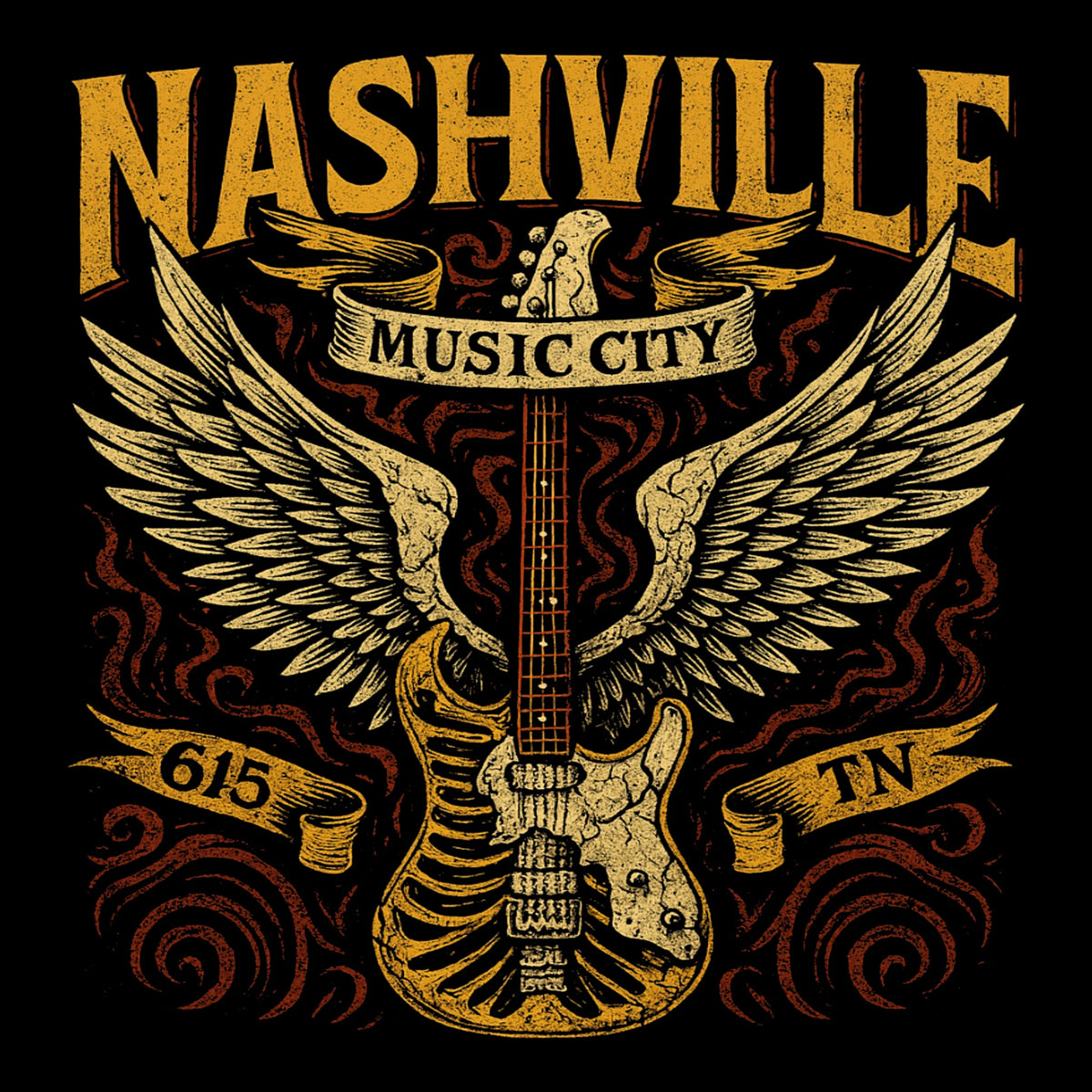 Winged 615 Guitar Tee Design Black