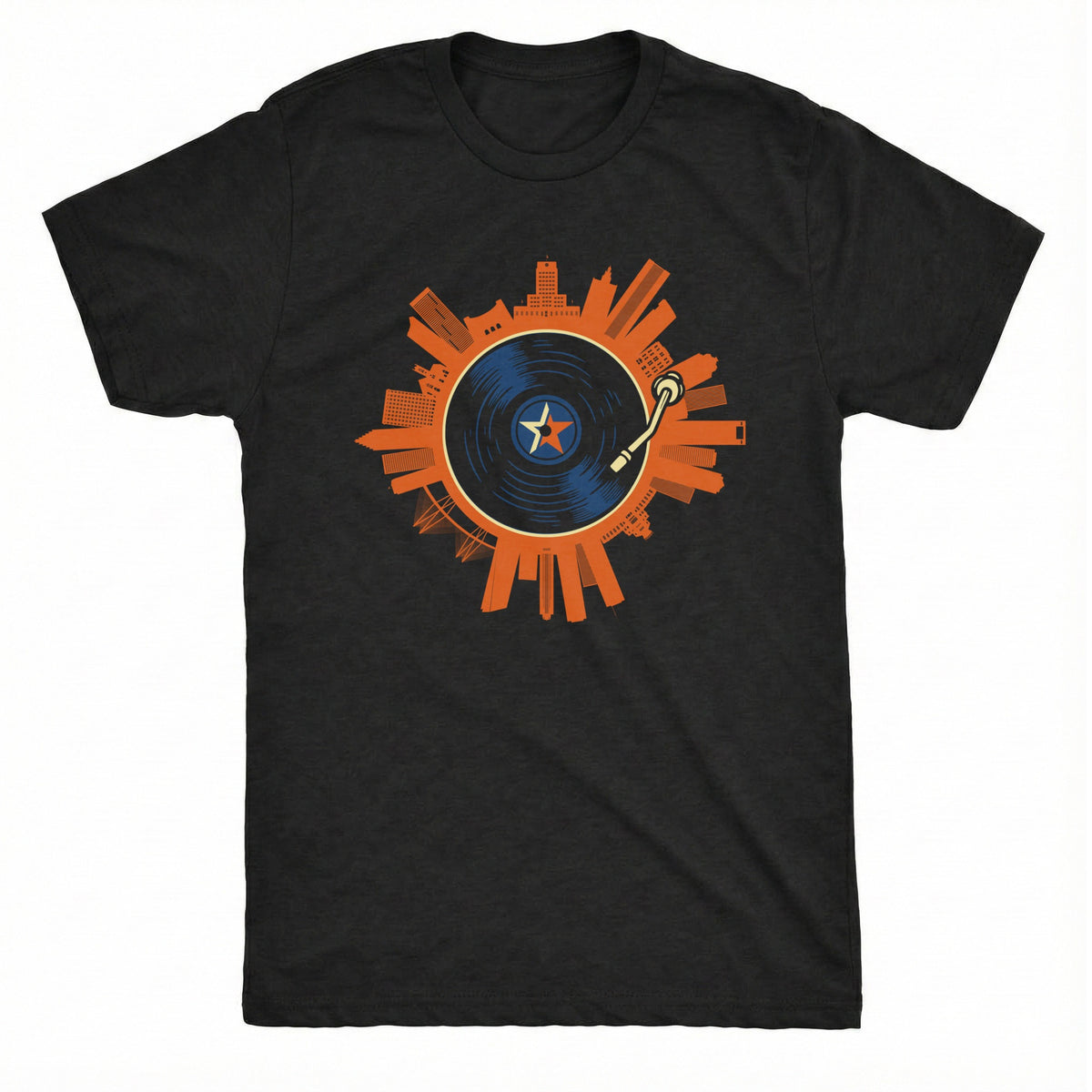 Houston on Spin Tee Black Mockup