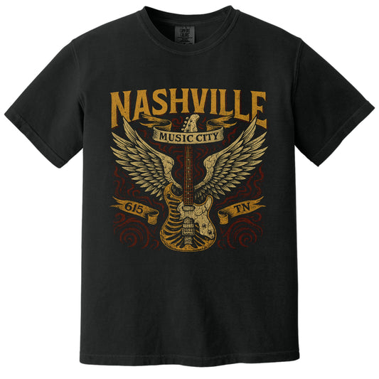 Winged 615 Guitar Tee | Comfort Colors® 1717 Black